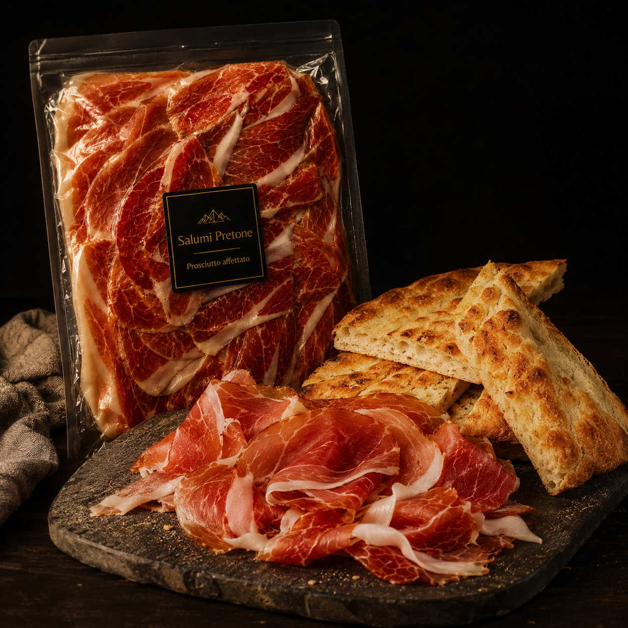 Prosciutto affettato sottovuoto con crescia in omaggio (4 confezioni 250gr)